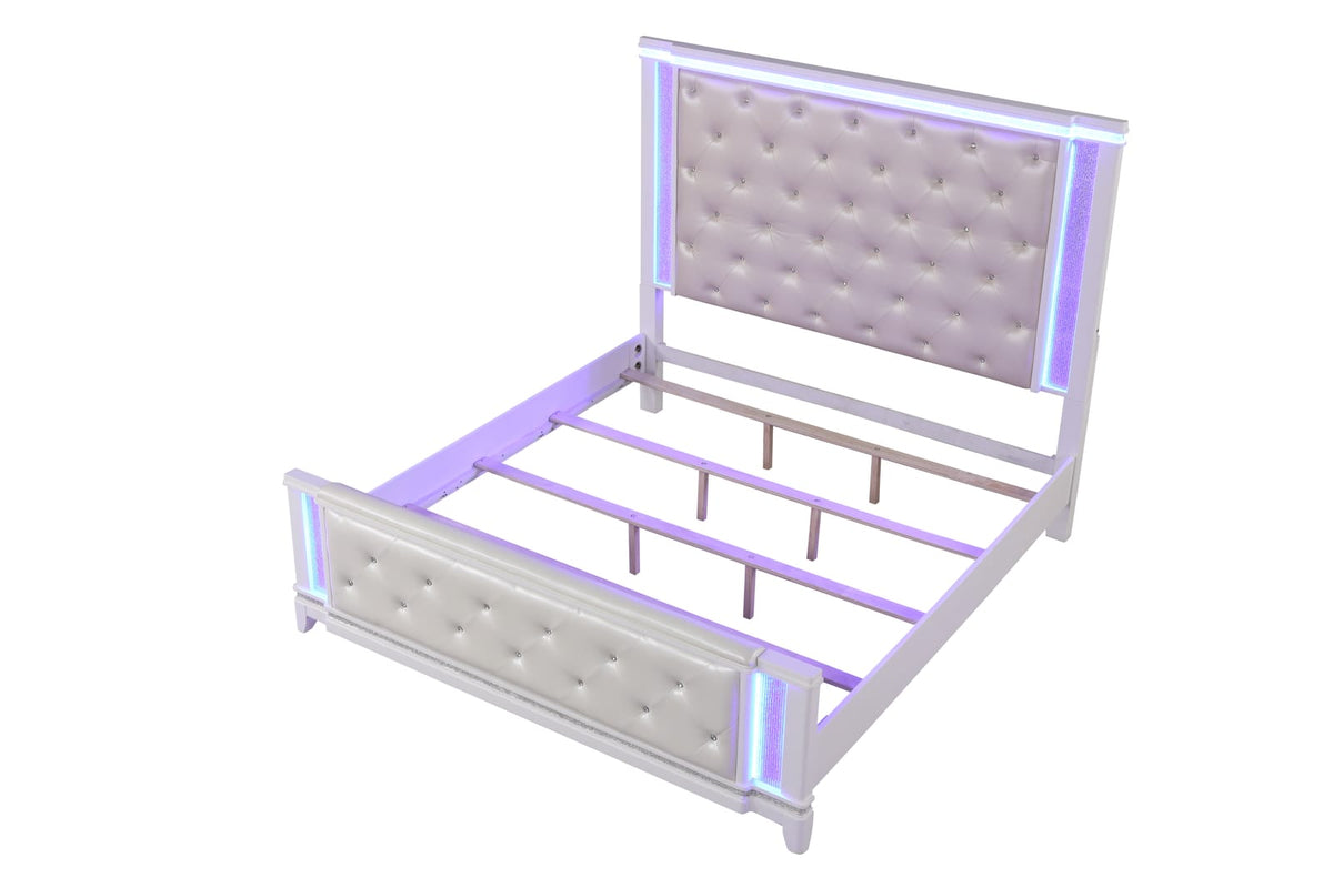 King Size White Wood Bed Frame with Tufted Headboard for Bedroom