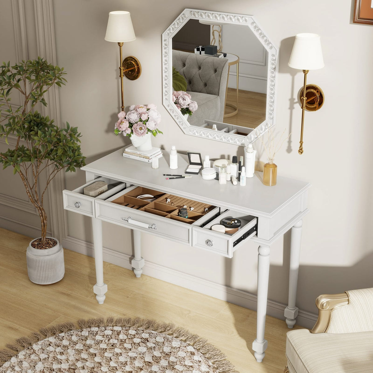 White Makeup Desk with Mirror - 3 Drawers, Storage Console Table for Bedroom