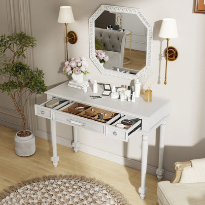 White Makeup Desk with Mirror - 3 Drawers, Storage Console Table for Bedroom