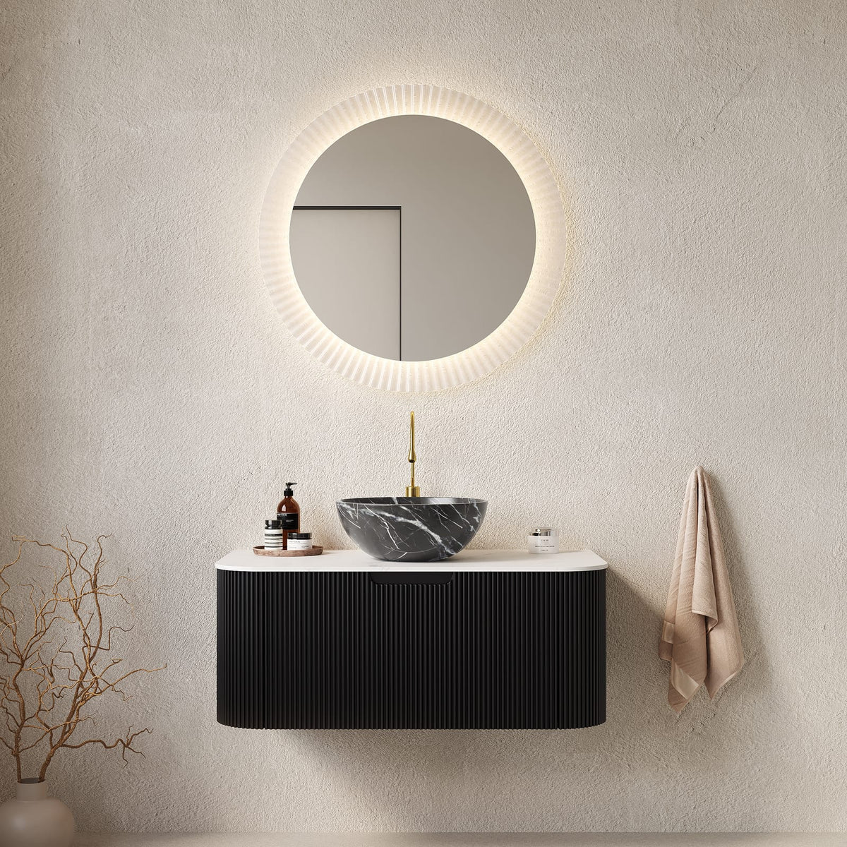 White+Black Bathroom Vanity with Sink - Wall Mounted Storage