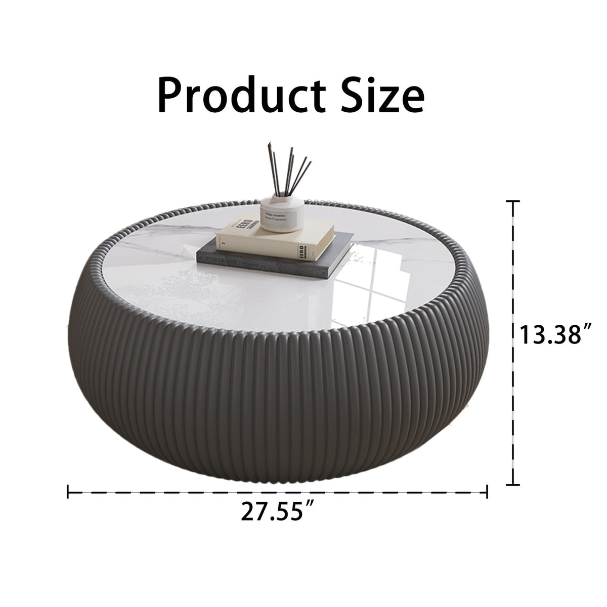 Light Sintered Stone Top Drum Shape Leather Coffee Table - Modern Sofa Table