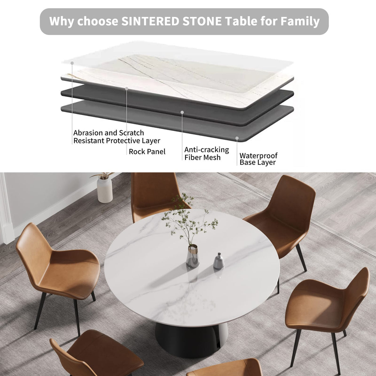 53.15" Modern Artificial Stone Round Dining Table - Black Base