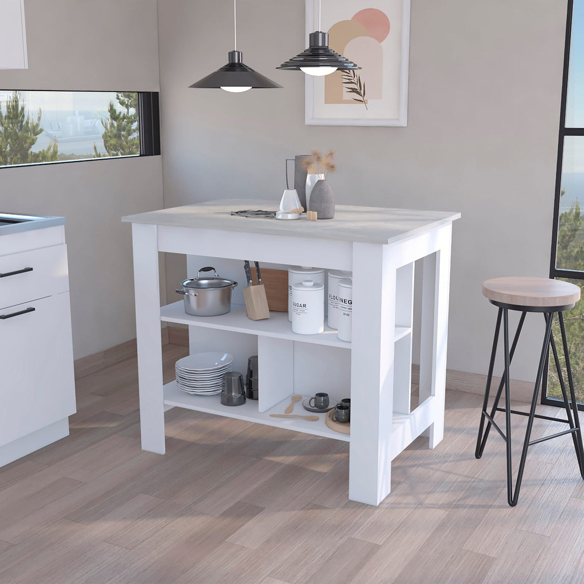 White Kitchen Island with Three Shelves - Dozza