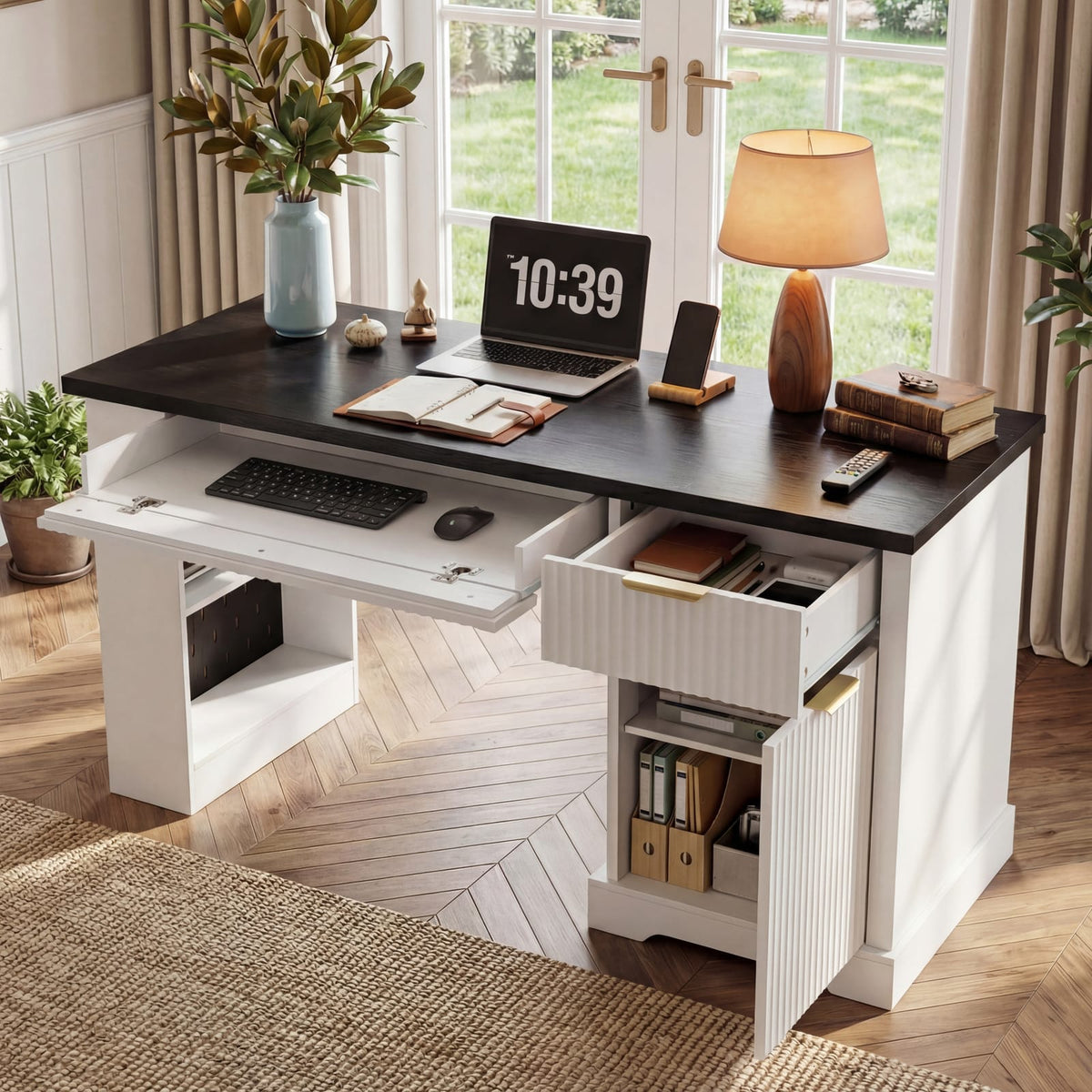55" Modern Fluted Office Desk with Storage - White