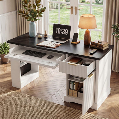 55" Modern Fluted Office Desk with Storage - White