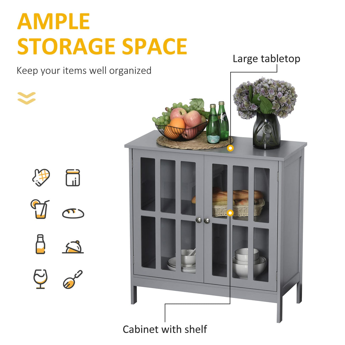 Grey MDF Buffet Cabinet - Kitchen Storage Sideboard