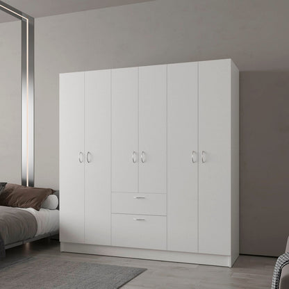 White 6-Door Wardrobe with Shelf and Drawer - Bedroom Storage