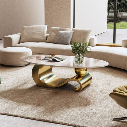 Gold Marble Coffee Table with Gold Steel Base, Oval Design for Living Room