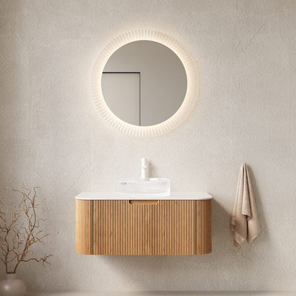 36 Inch Natural Wood Bathroom Vanity with Round Glass Basin
