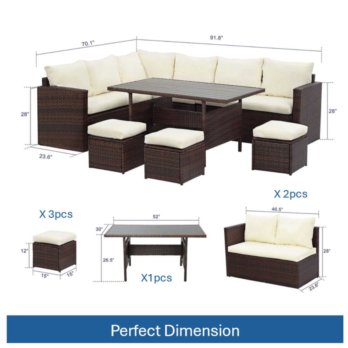 7-Piece Wicker Outdoor Dining Set - Beige Cushions, 9 Seats for Patio & Porch