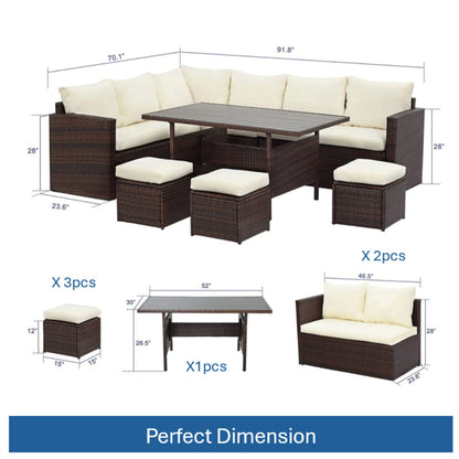 7-Piece Wicker Outdoor Dining Set - Beige Cushions, 9 Seats for Patio & Porch