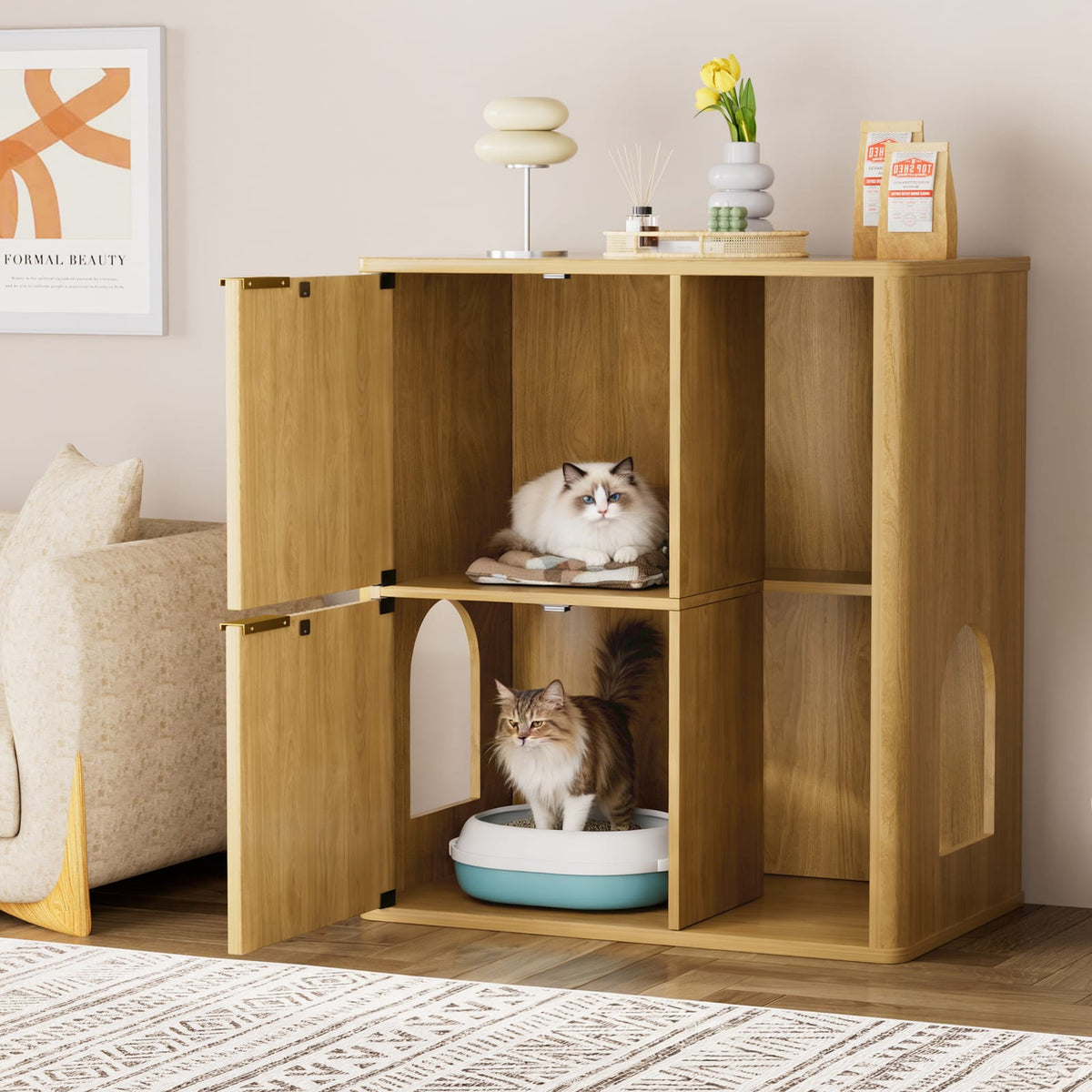 Natural Wood Cat Litter Cabinet with Storage and Dual Entry Doors