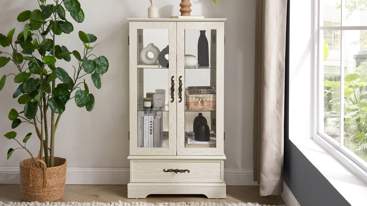 White Glass Curio Cabinet - 25.98"W Storage Display Cabinet