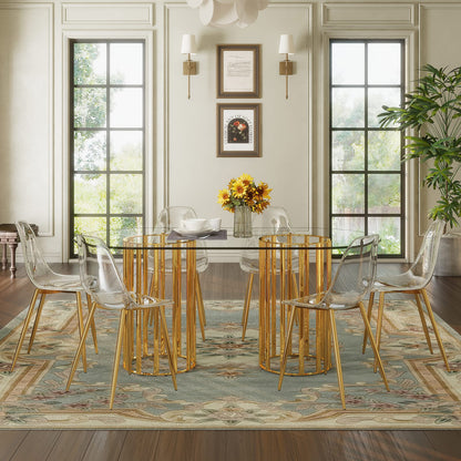 6 Person Glass Dining Table Set Gold Metal Chairs