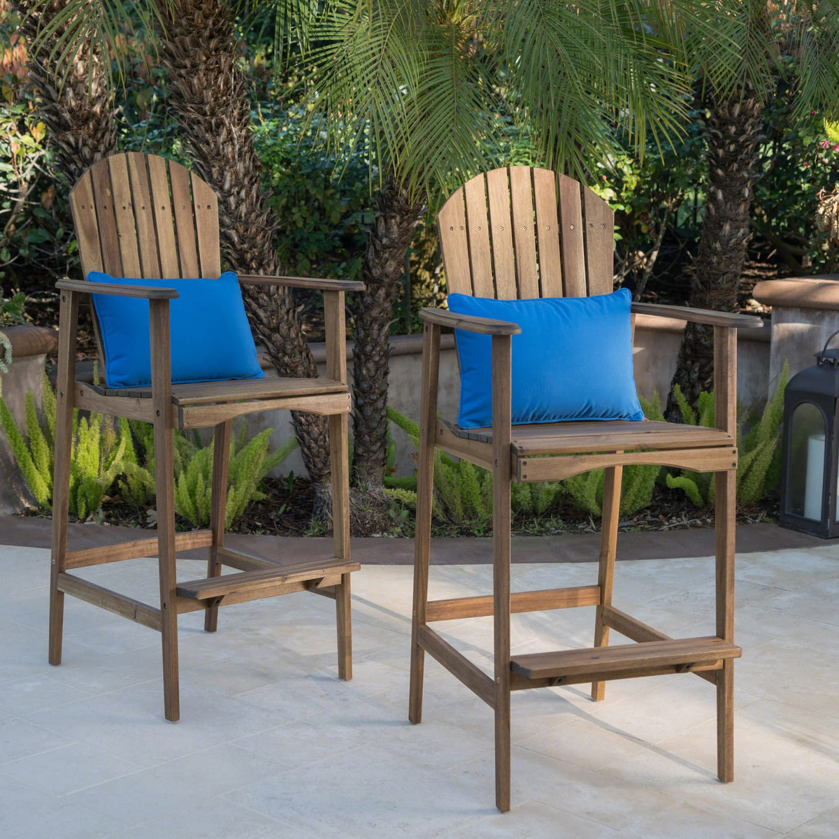 Acacia Wood Adirondack Barstools - Set of 2, Natural Stained Patio Seating
