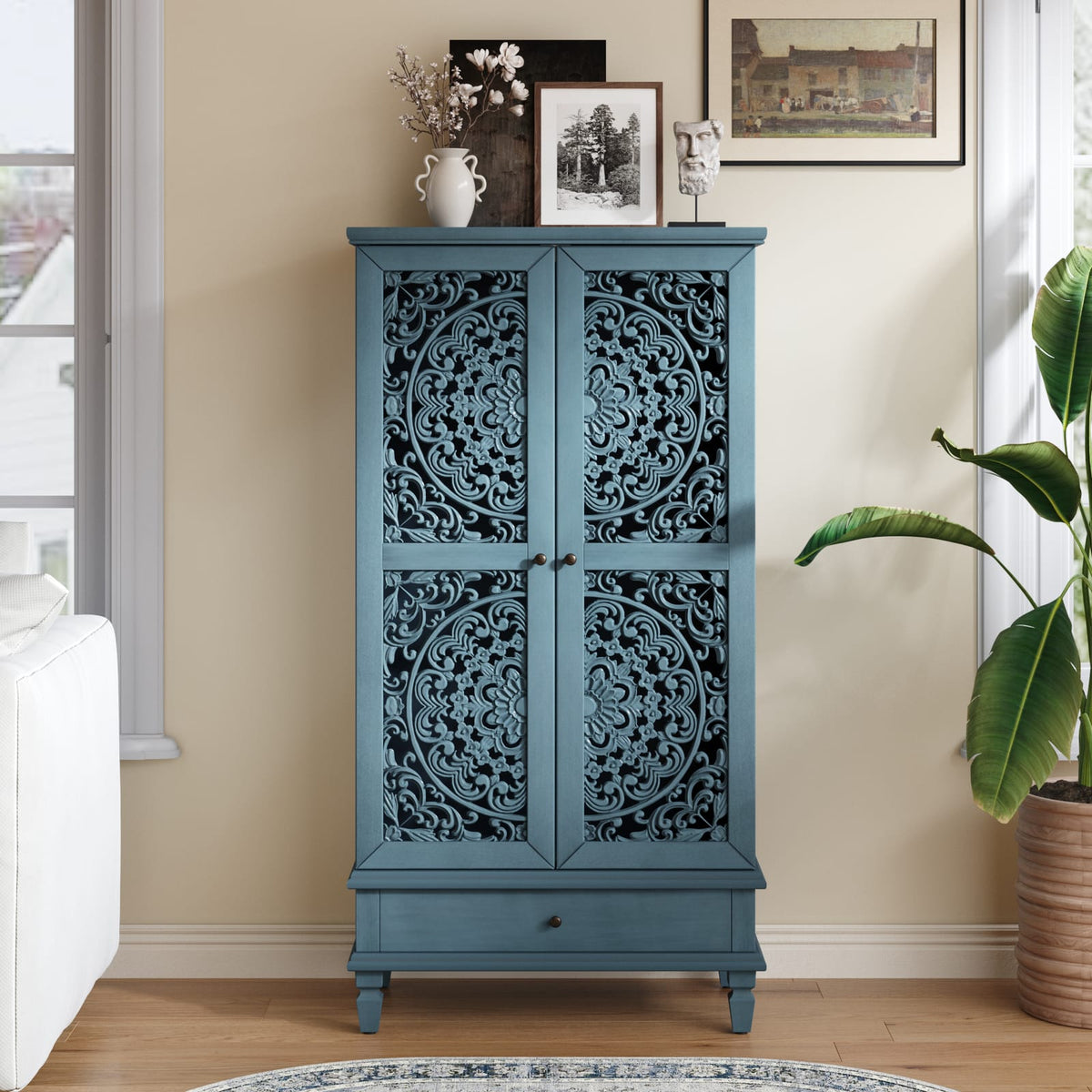 Rustic Antique Blue Storage Cabinet - 55" Tall Accent Cabinet