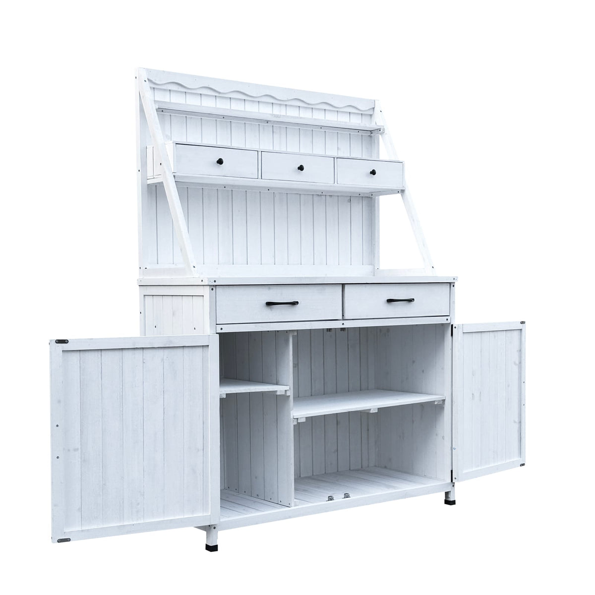 White Farmhouse Outdoor Potting Bench with Storage Cabinet for Garden