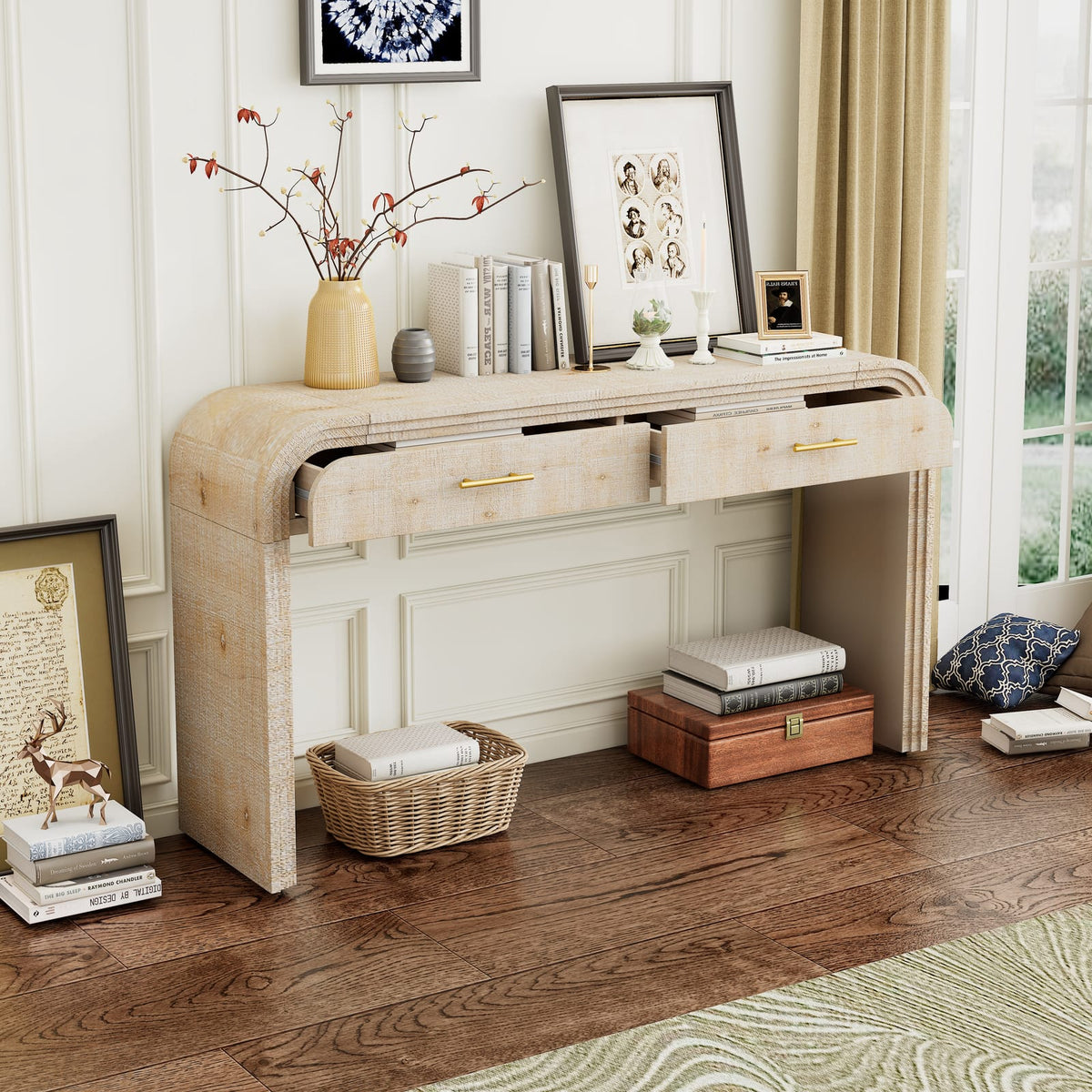 TREXM Retro Console Table - Natural Wood Wash, 2 Drawers
