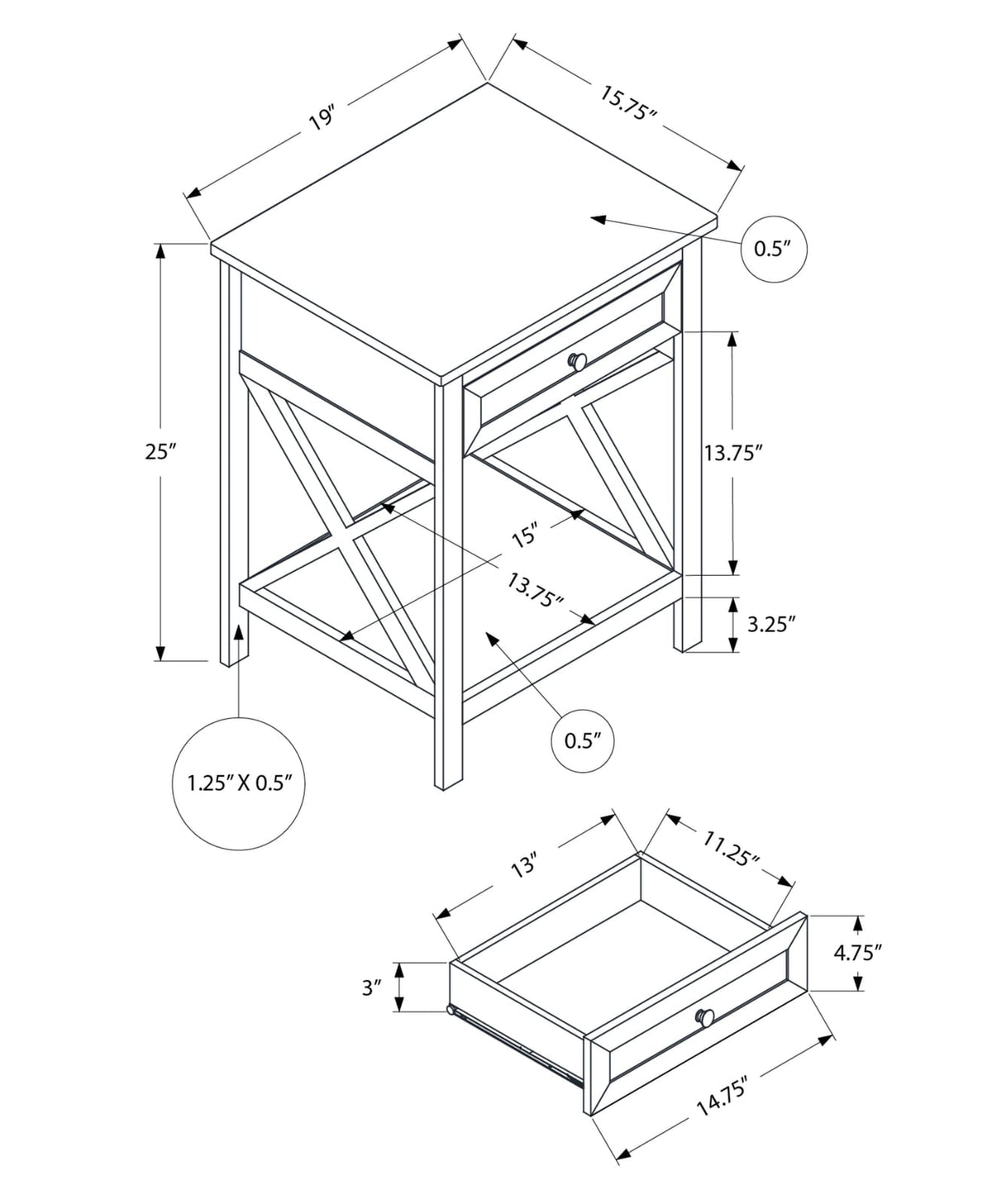 Grey MDF Accent Table - 2 Tier Storage Nightstand for Living Room