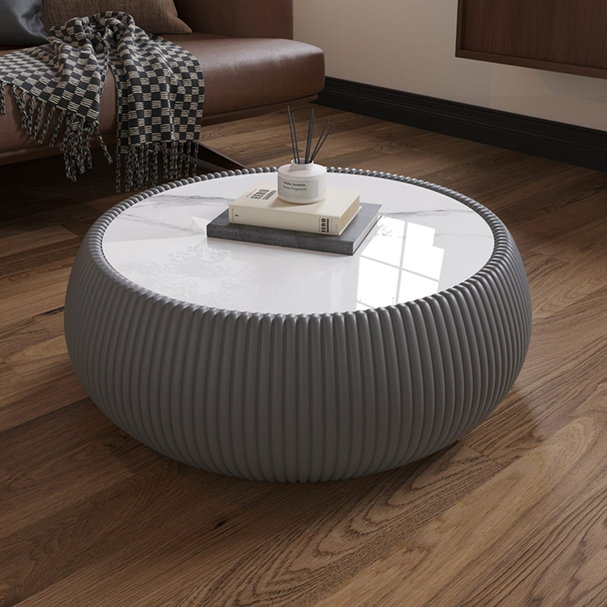 Light Sintered Stone Top Drum Shape Leather Coffee Table - Modern Sofa Table