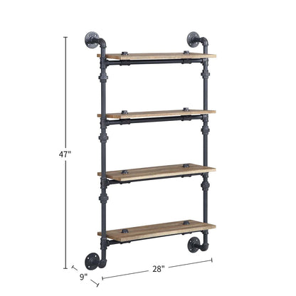 4 Tier Oak Wall Shelf with Metal Frame for Living Room