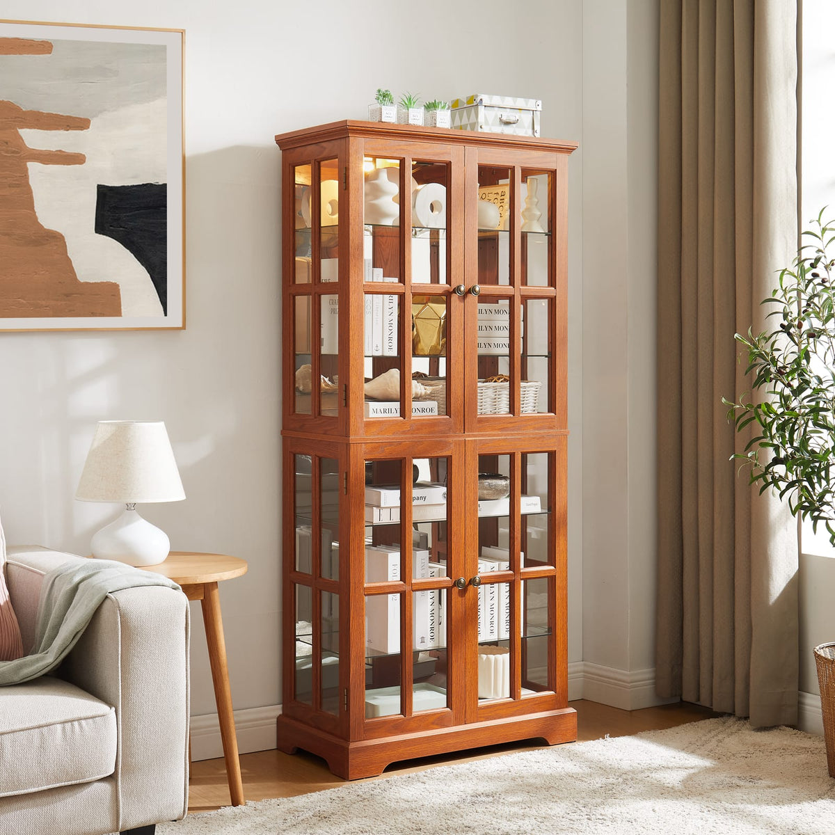 Living Room Dark Oak Display Cabinet with Glass Doors - Retro Showcase for