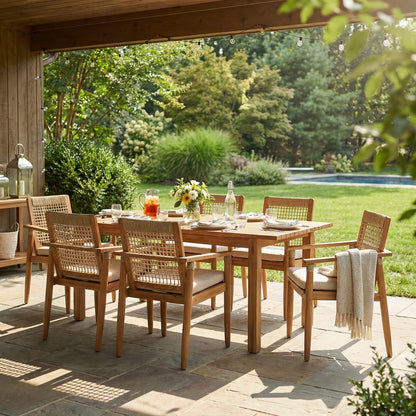 Teak 6 Piece Outdoor Dining Set with Cushions - Patio Furniture