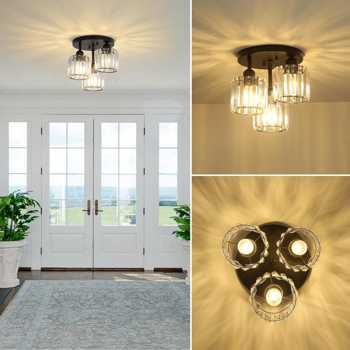 Black Crystal Flush Mount Ceiling Light - 3-Light Modern Fixture