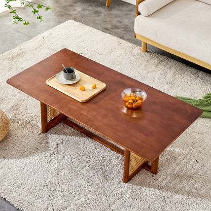 Walnut Rubber Wood Coffee Table Imitation Rattan Style for Living Room
