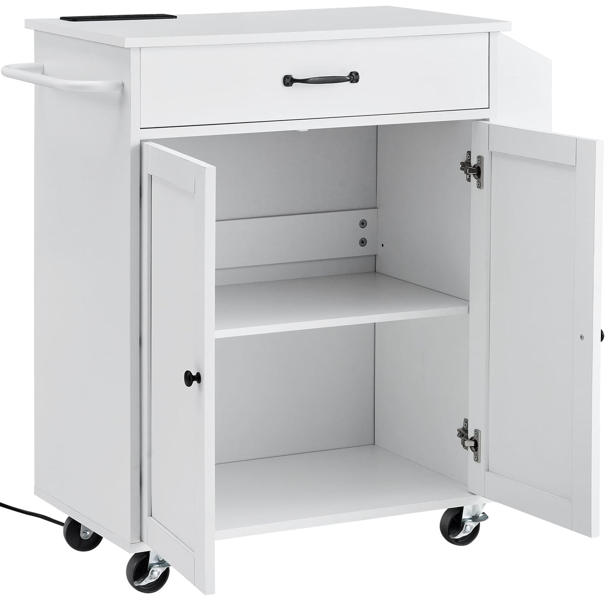 White Rolling Kitchen Storage Cart with Power Strip and Wheels