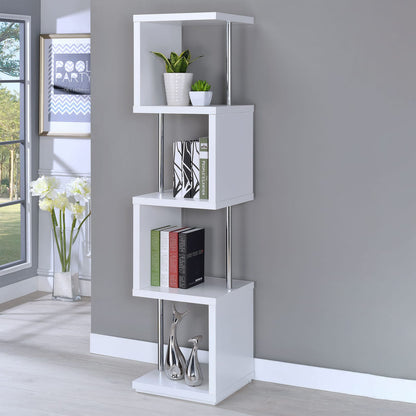 White 4-Tier Geometric Wood Bookcase Shelves for Living Room