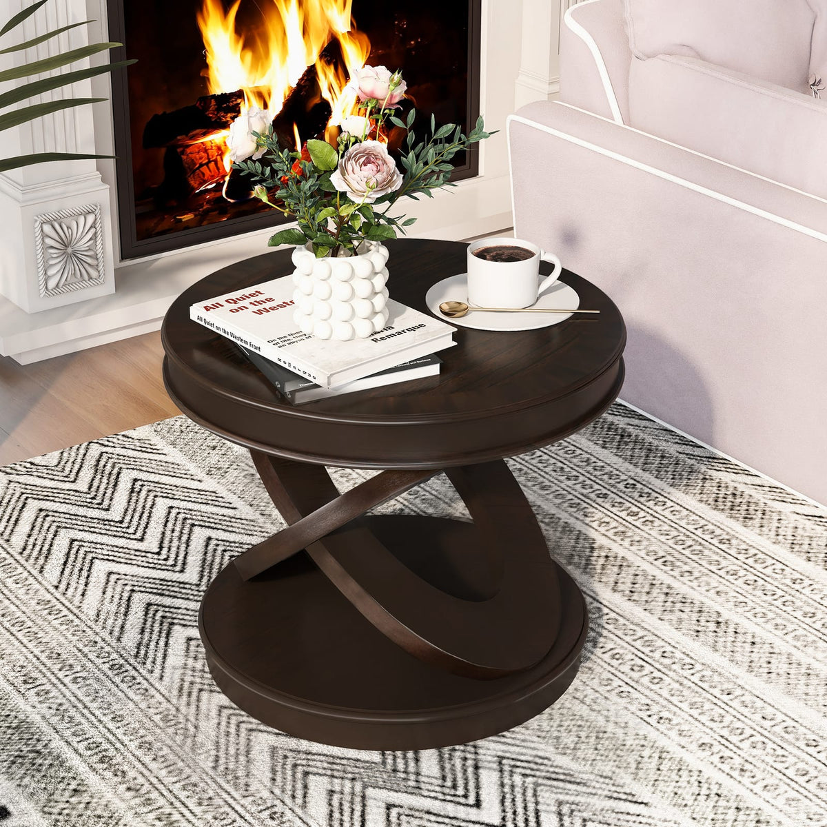 Retro Round Wooden End Table - Espresso, Sofa Side Table with X-Shape Base