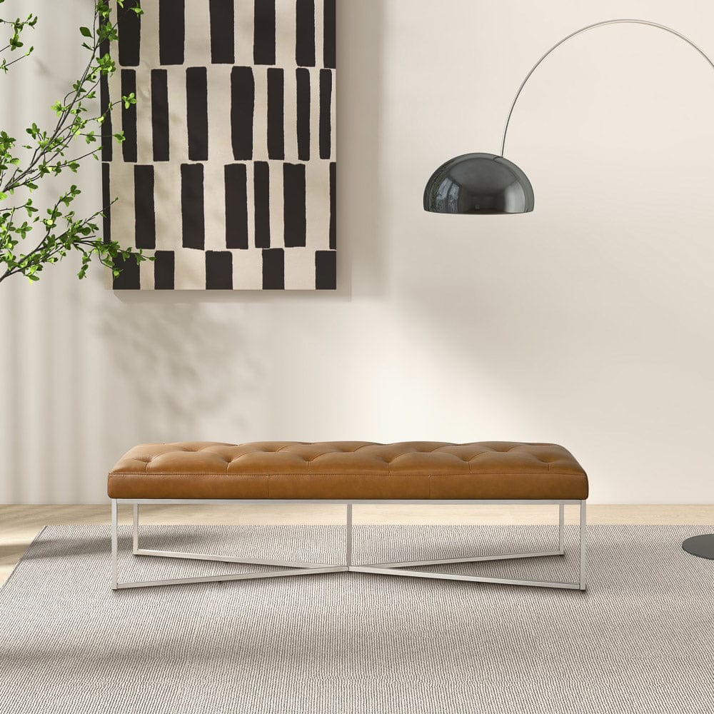 Harper Tan Leather Bench - Mid-Century Modern Style