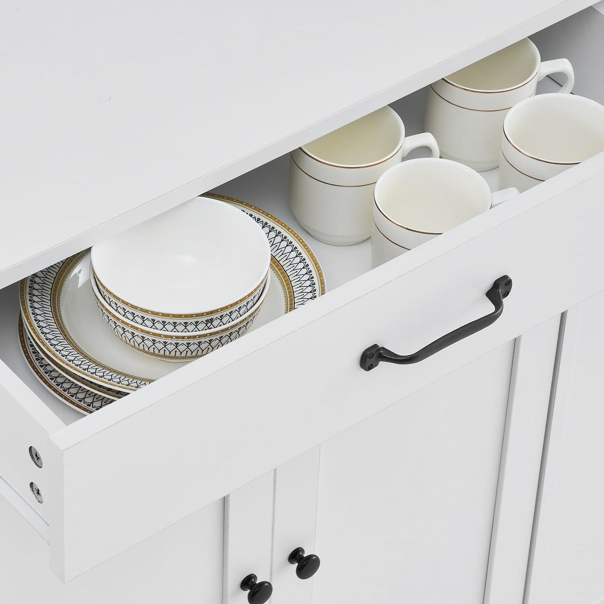 White Rolling Kitchen Storage Cart with Power Strip and Wheels