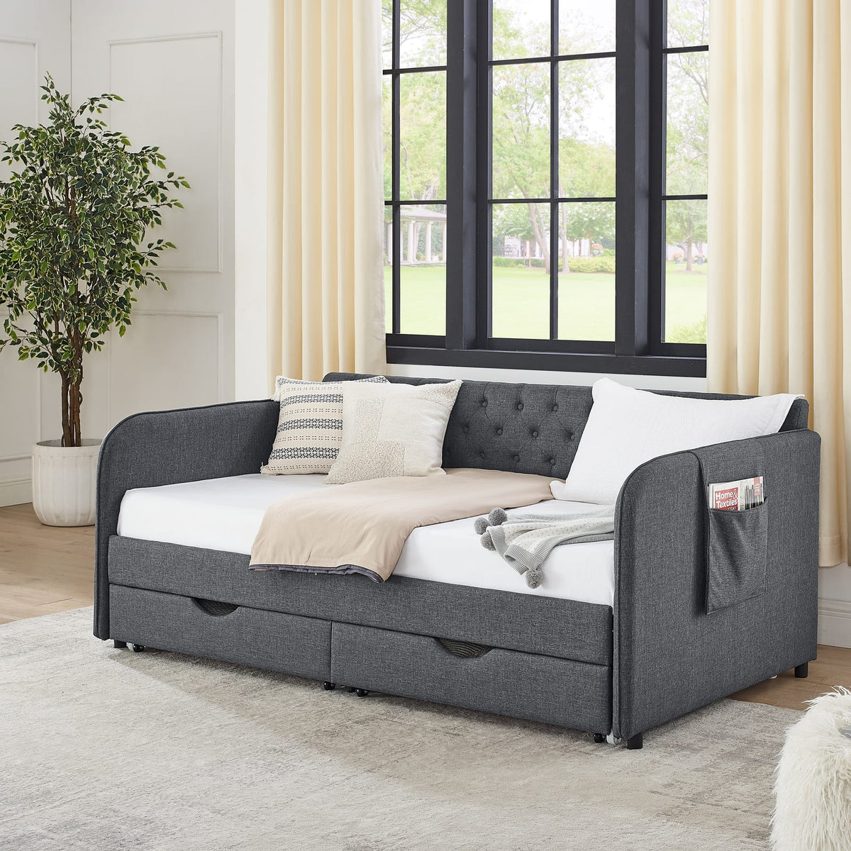 Dark Gray Linen Twin Daybed with Trundle Bed