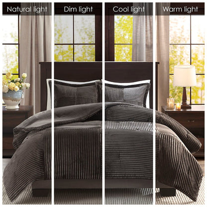 King Size Brown Grey Plush Comforter Set