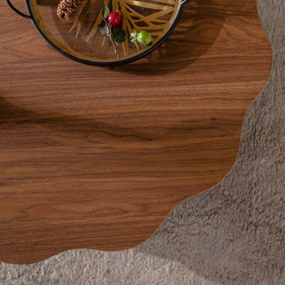 Walnut Wood Coffee Table - 31.3" Round Scalloped Edge Table for Living Room