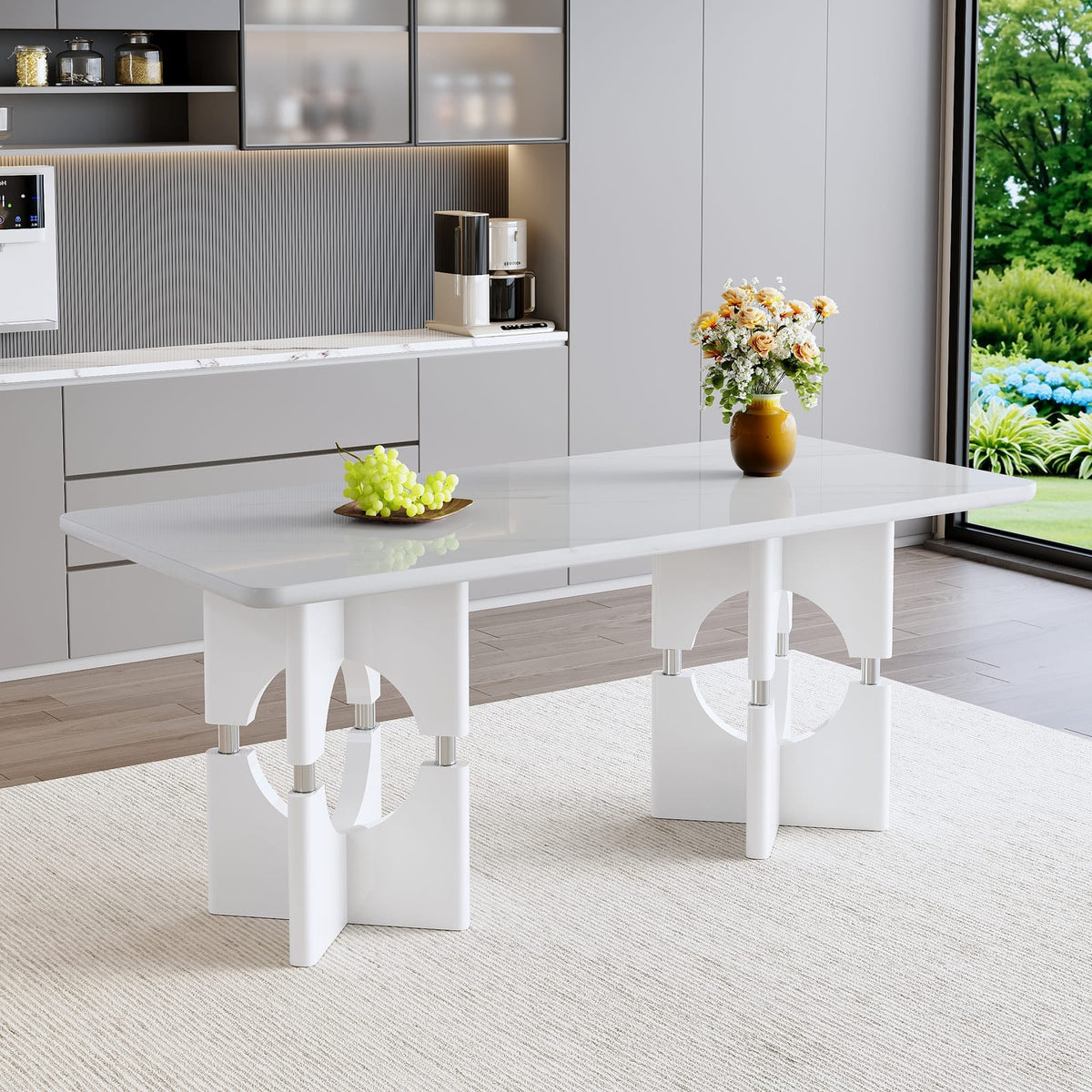 Modern White Dining Table - MDF Marble Style, Compact Design for Dining Room