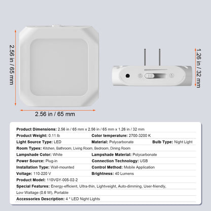 VEVOR LED Night Light - 4 Pack White ABS