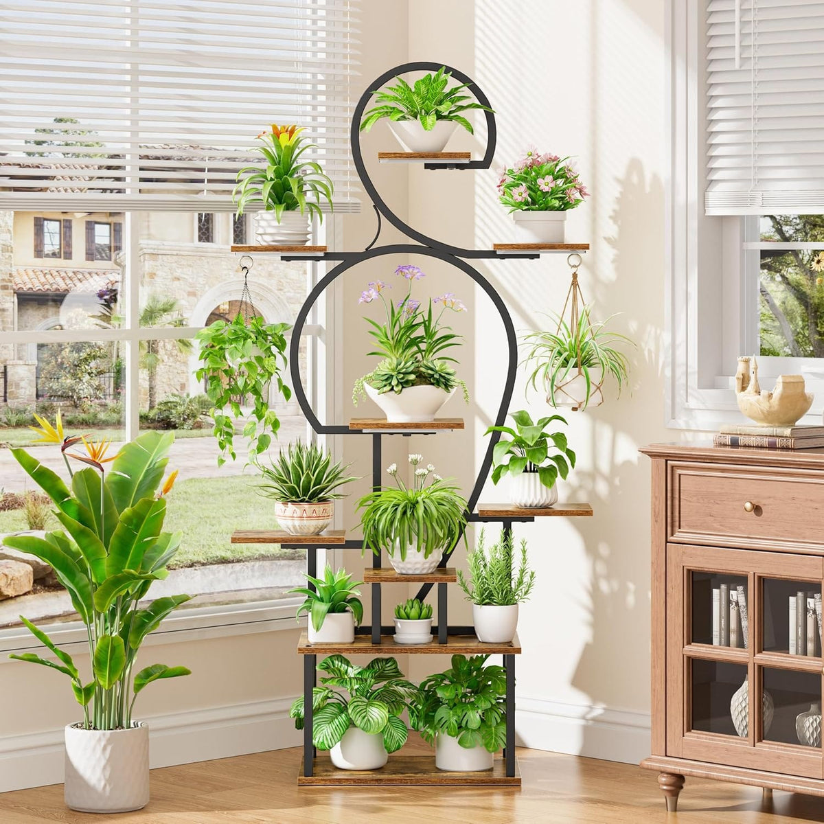 9 Tier Plant Stand Indoor with Grow Light - Walnut+Black