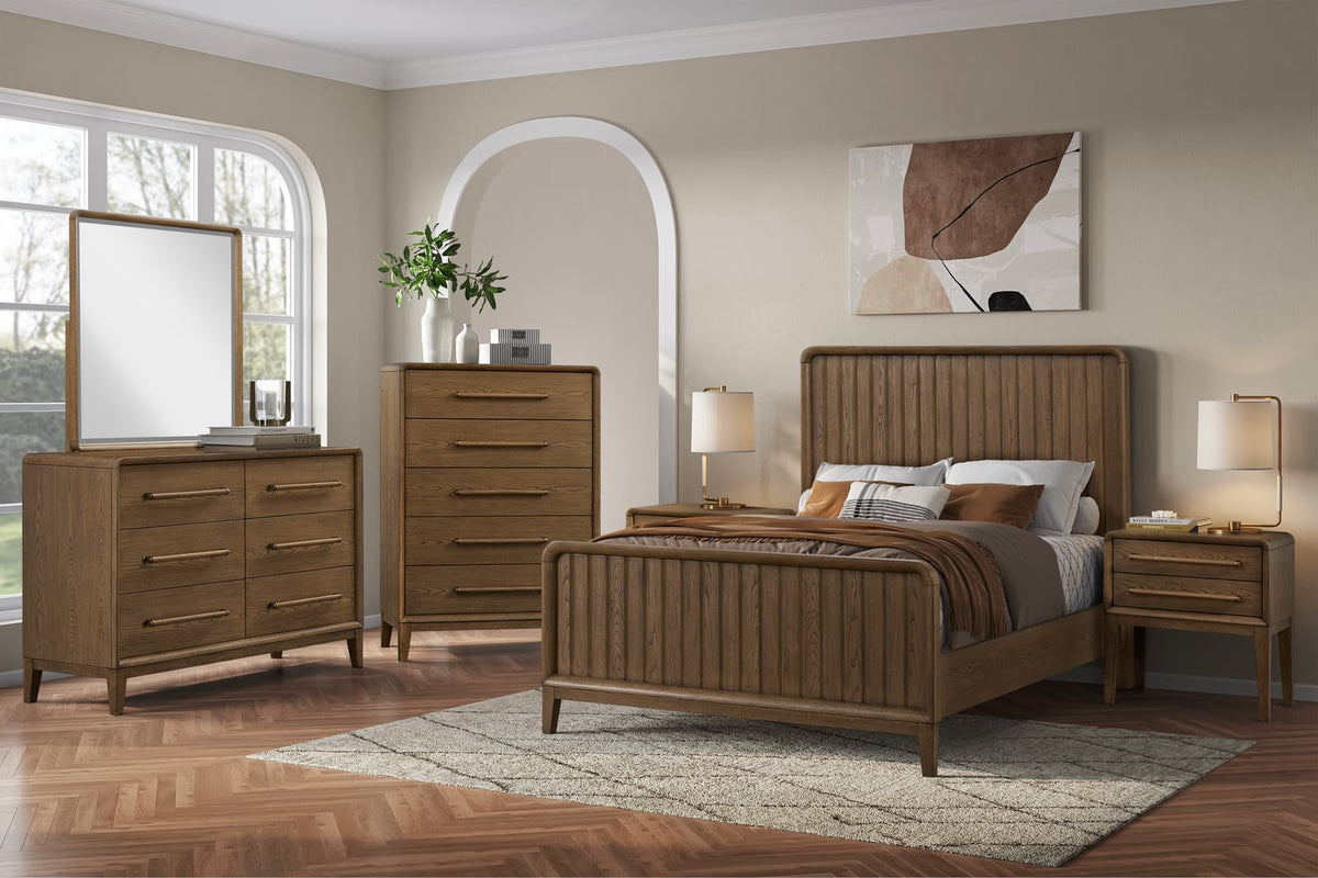 Light Brown Wood Chest with Five Drawers for Bedroom Storage