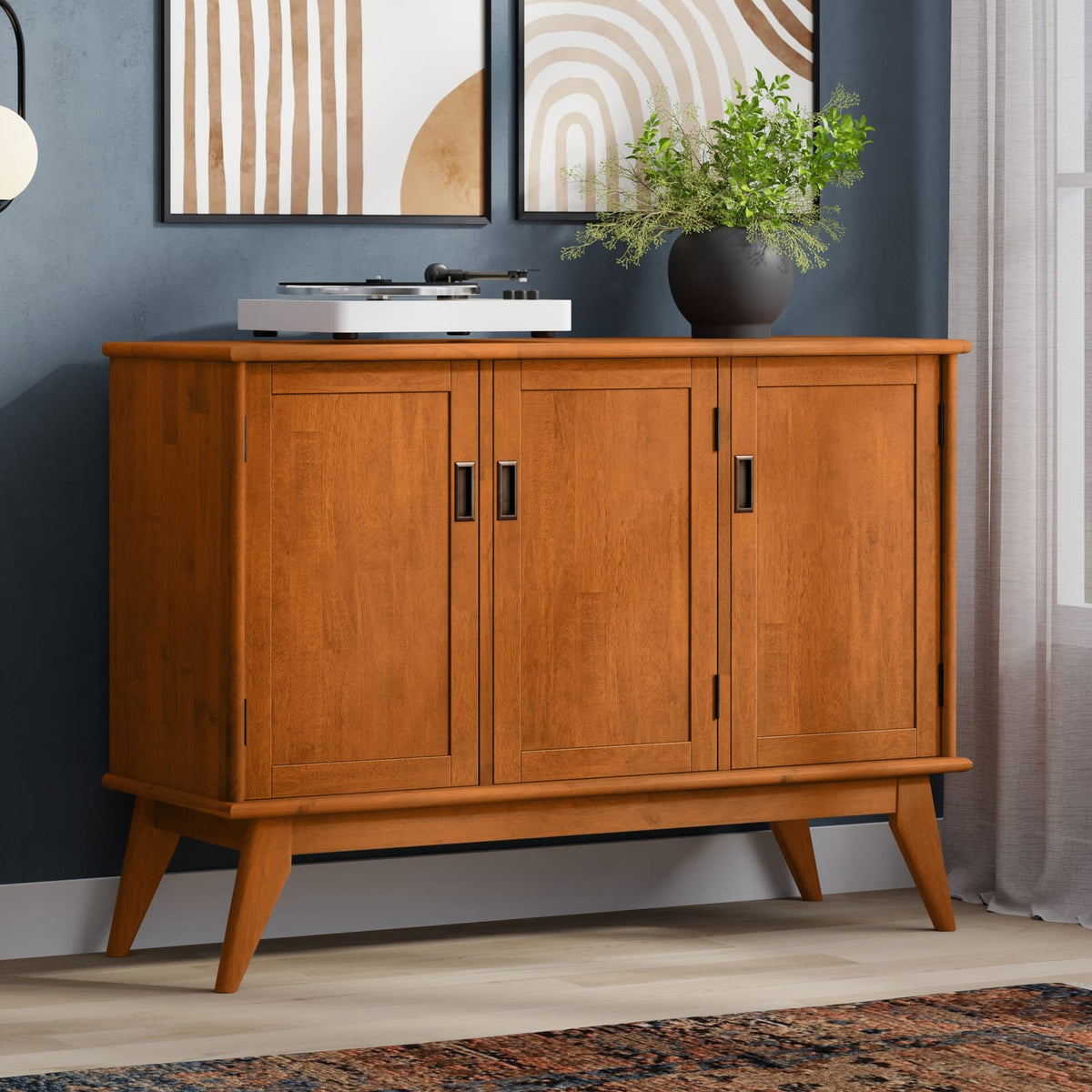 Brown Rubber Wood 3 Door Sideboard Buffet - Mid Century Style