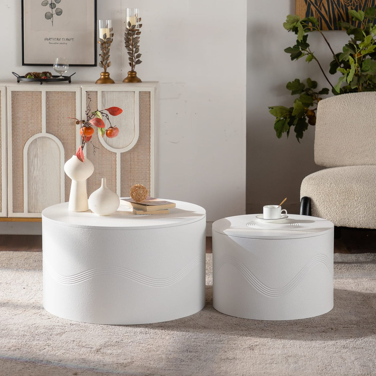 Large White Round Coffee Table Set - 2 Piece MDF Table with Storage
