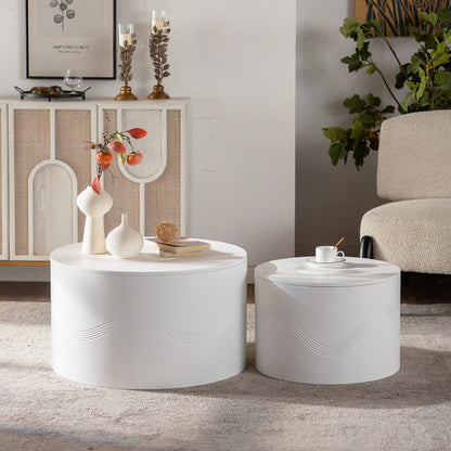Large White Round Coffee Table Set - 2 Piece MDF Table with Storage