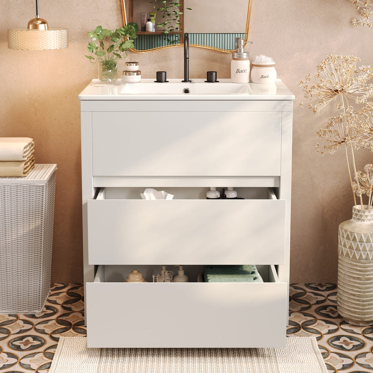 30 inch White Bathroom Vanity with Ceramic Sink and Soft Close Drawers