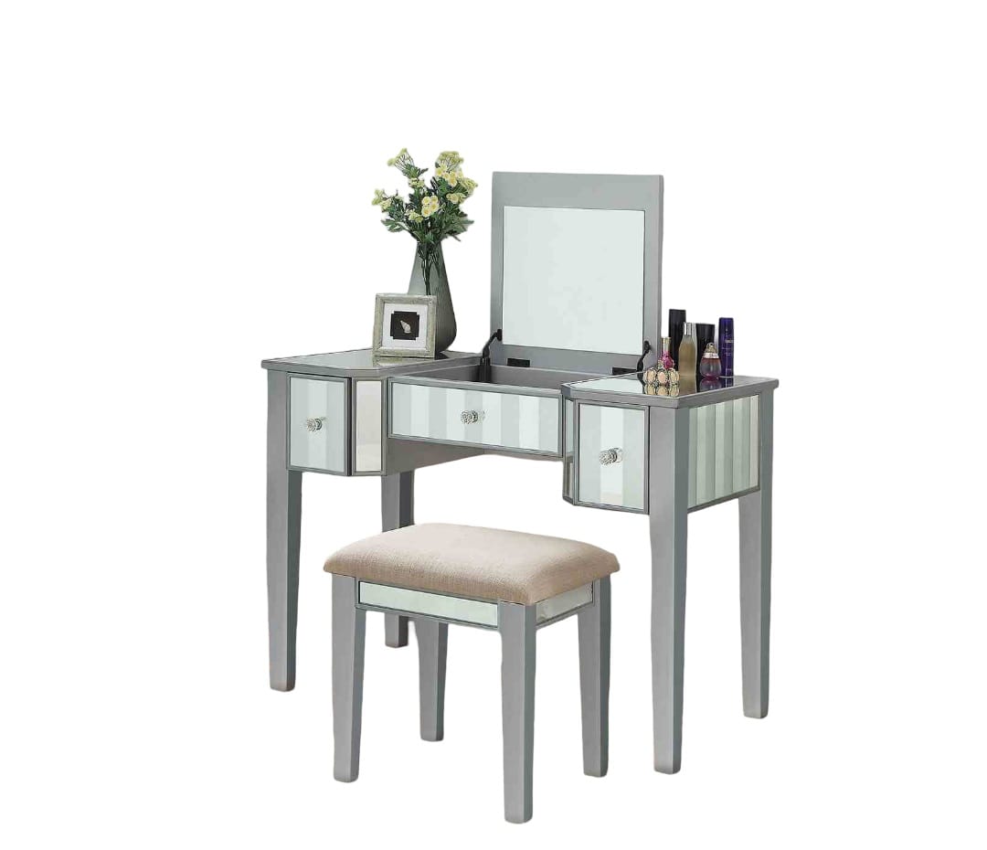 Solid Wood Transitional Vanity with Storage Drawers in Silver for Bedroom