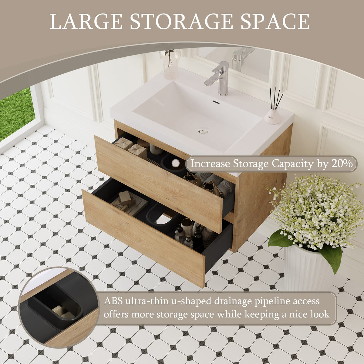 30" Floating Bathroom Vanity with Sink - Oak Finish