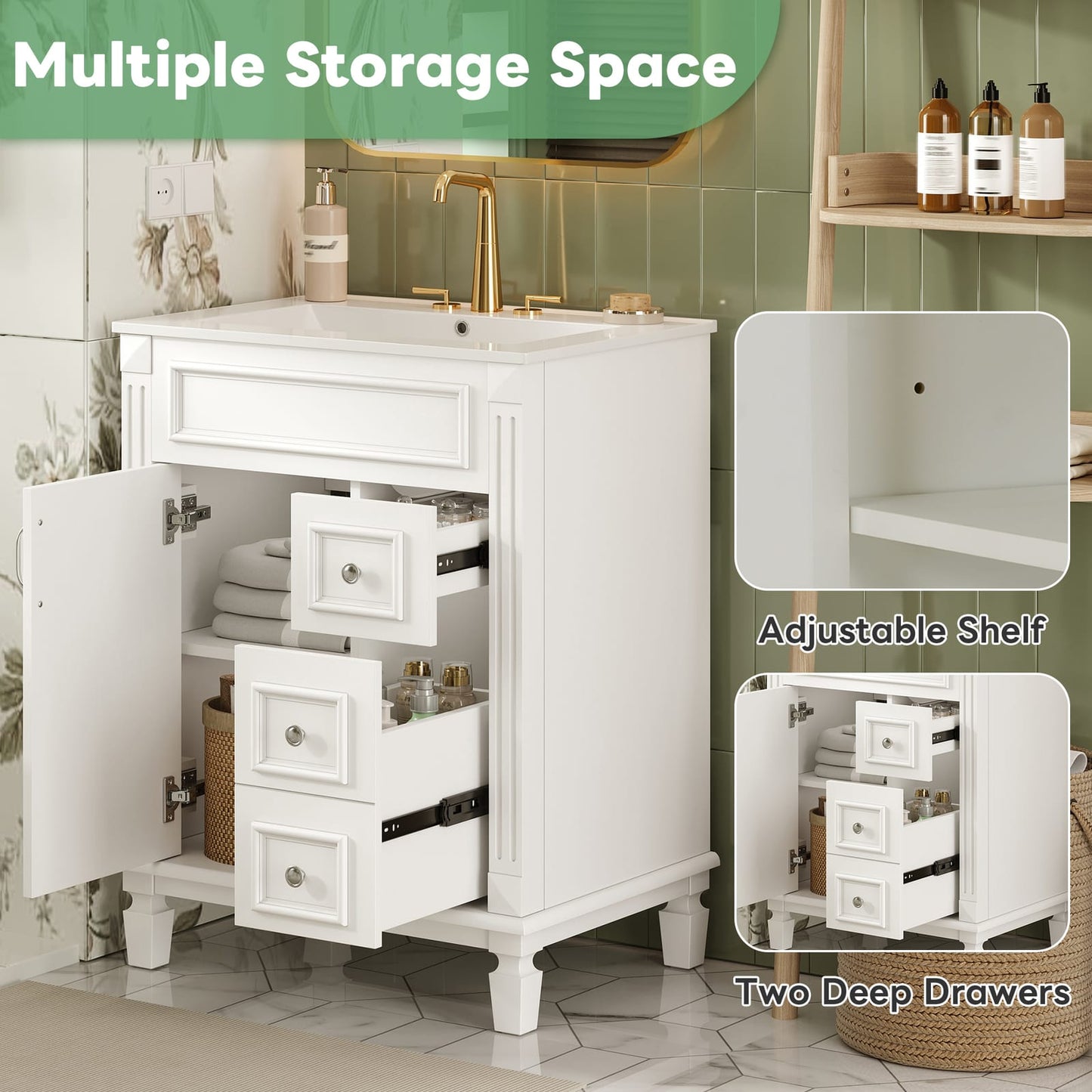 24 Inch White Bathroom Vanity with Ceramic Sink and Two Drawers