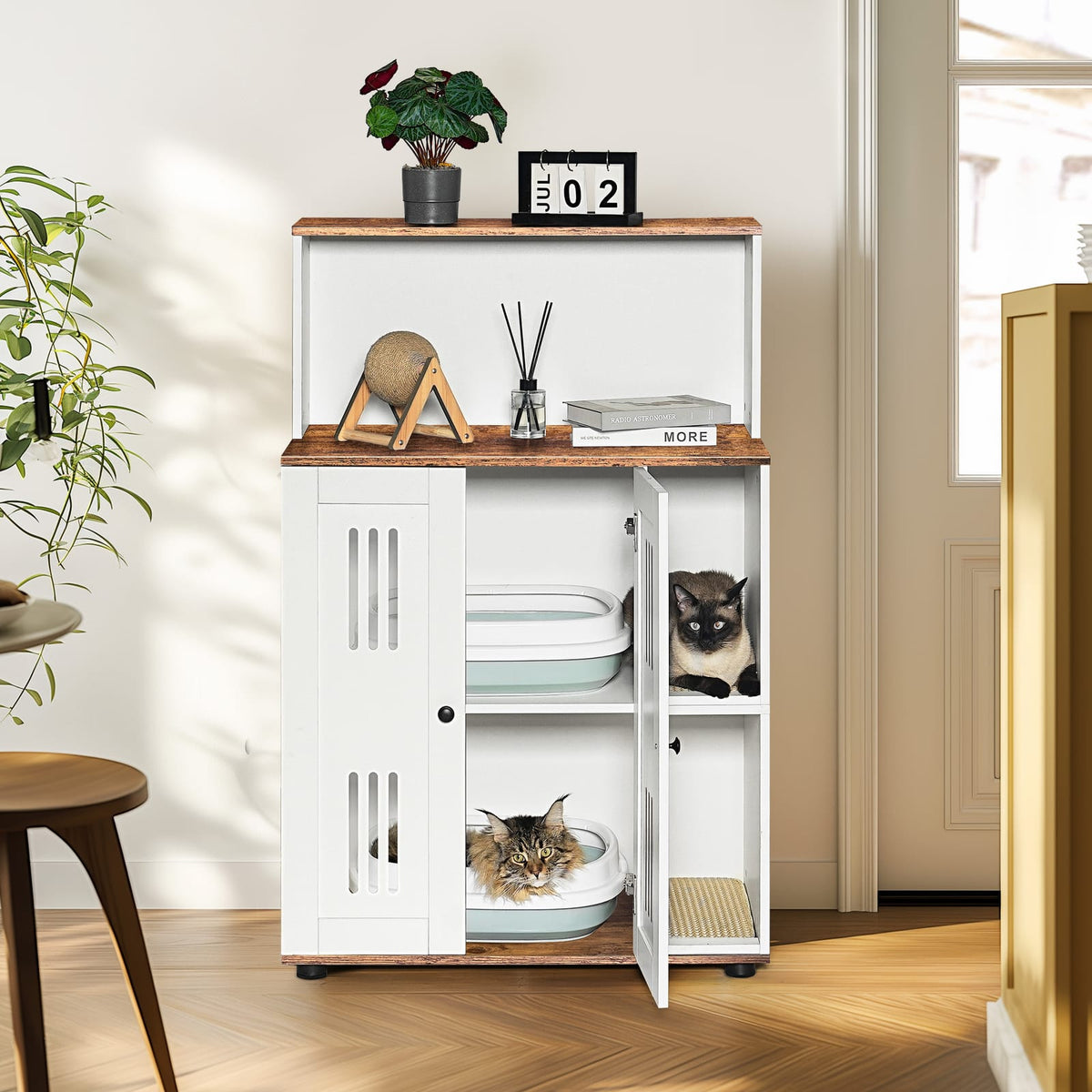 31.5" White+Walnut Cat Litter Box Cabinet - 2 Cat Storage