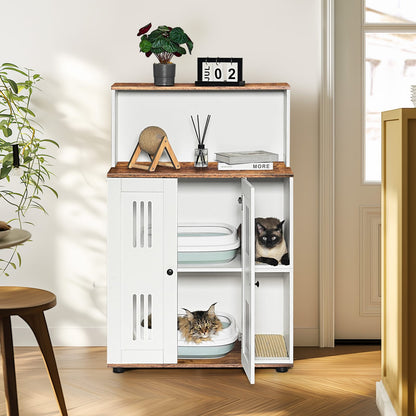 31.5" White+Walnut Cat Litter Box Cabinet - 2 Cat Storage